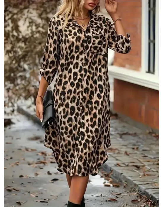 Kadın Uzun Kollu Yakalı önden Düğmeli Leopar Desenli Modal Midi Elbise