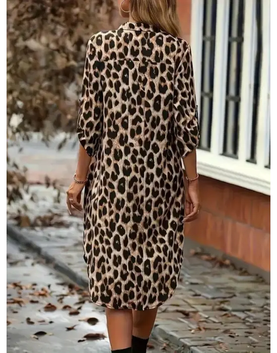 Kadın Uzun Kollu Yakalı önden Düğmeli Leopar Desenli Modal Midi Elbise