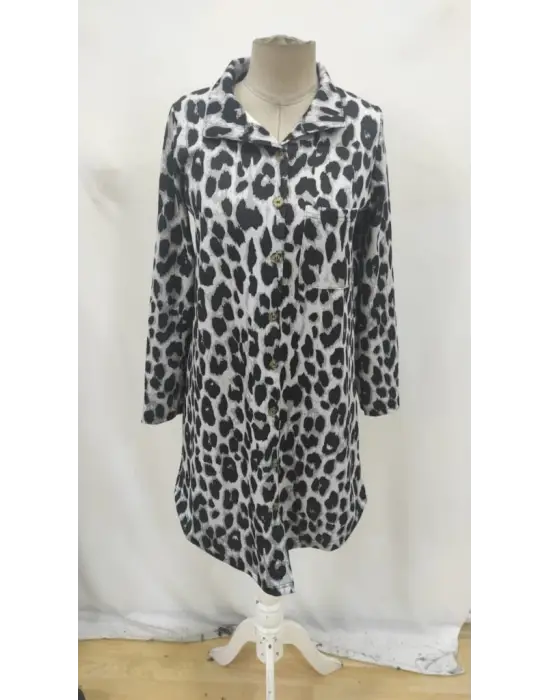 Kadın Uzun Kollu Yakalı önden Düğmeli Leopar Desenli Modal Midi Elbise