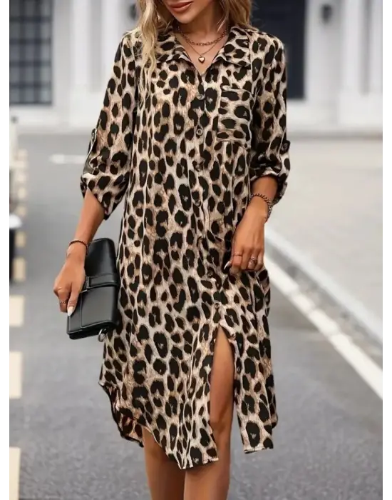 Kadın Uzun Kollu Yakalı önden Düğmeli Leopar Desenli Modal Midi Elbise