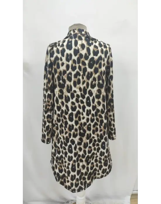 Kadın Uzun Kollu Yakalı önden Düğmeli Leopar Desenli Modal Midi Elbise