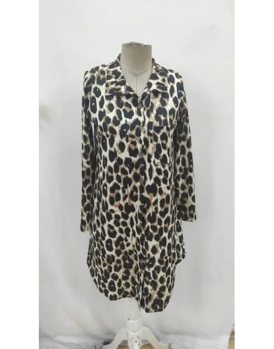 Kadın Uzun Kollu Yakalı önden Düğmeli Leopar Desenli Modal Midi Elbise