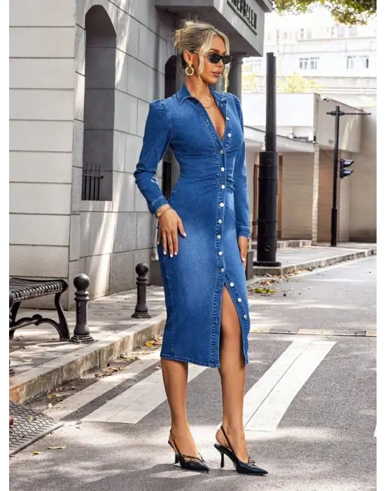 Kadın Uzun Kollu Yakalı önden Düğmeli Midi Kot Elbise