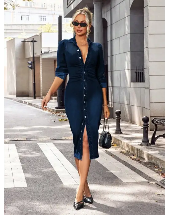 Kadın Uzun Kollu Yakalı önden Düğmeli Midi Kot Elbise