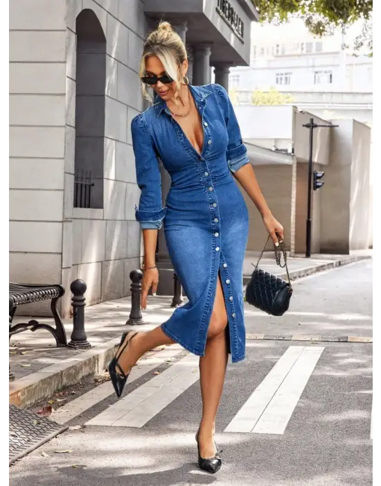 Kadın Uzun Kollu Yakalı önden Düğmeli Midi Kot Elbise