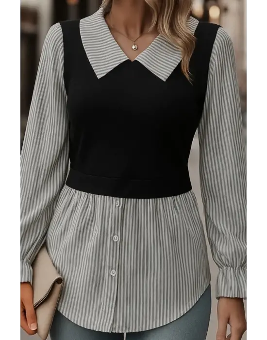 Kadın Uzun Kollu Yakalı önden Düğmeli Ottoman Bluz