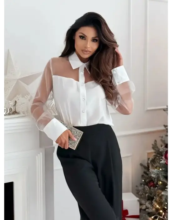 Kadın Uzun Kollu Yakalı önden Düğmeli Tül Detaylı Dokuma Viskon Bluz