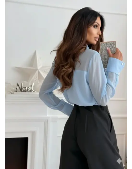 Kadın Uzun Kollu Yakalı önden Düğmeli Tül Detaylı Dokuma Viskon Bluz