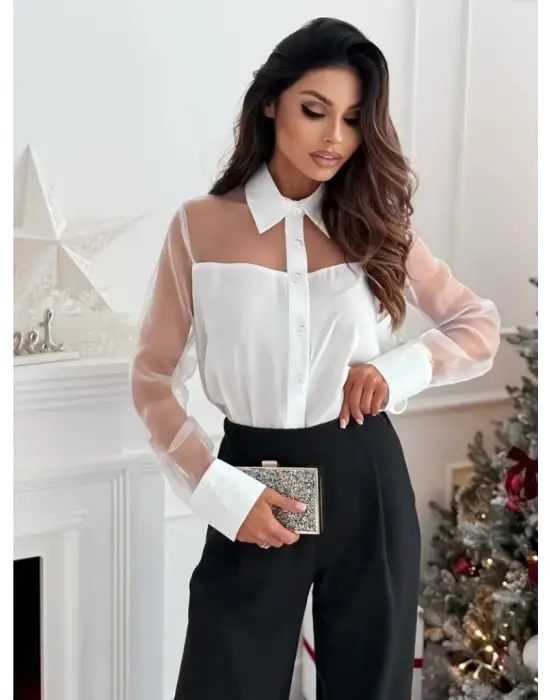 Kadın Uzun Kollu Yakalı önden Düğmeli Tül Detaylı Dokuma Viskon Bluz