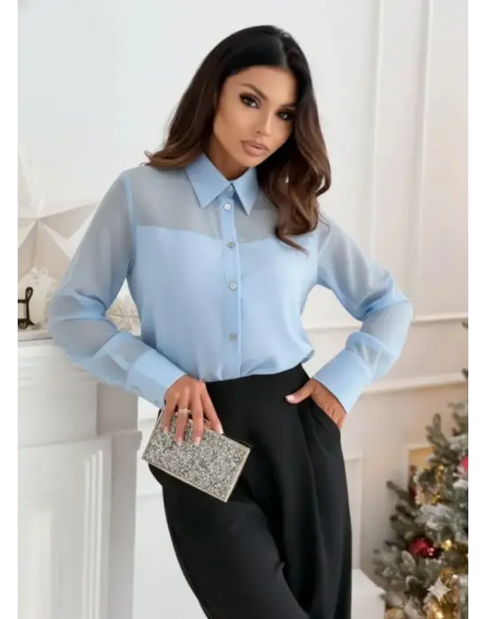 Kadın Uzun Kollu Yakalı önden Düğmeli Tül Detaylı Dokuma Viskon Bluz