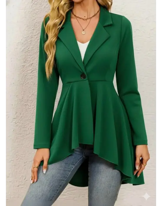 Kadın Uzun Kollu Yakalı önden Düğmeli Uzun Atlas Blazer Ceket