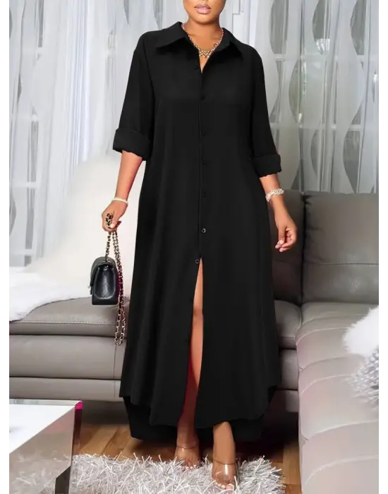 Kadın Uzun Kollu Yakalı önden Düğmeli Uzun Dokuma Elbise