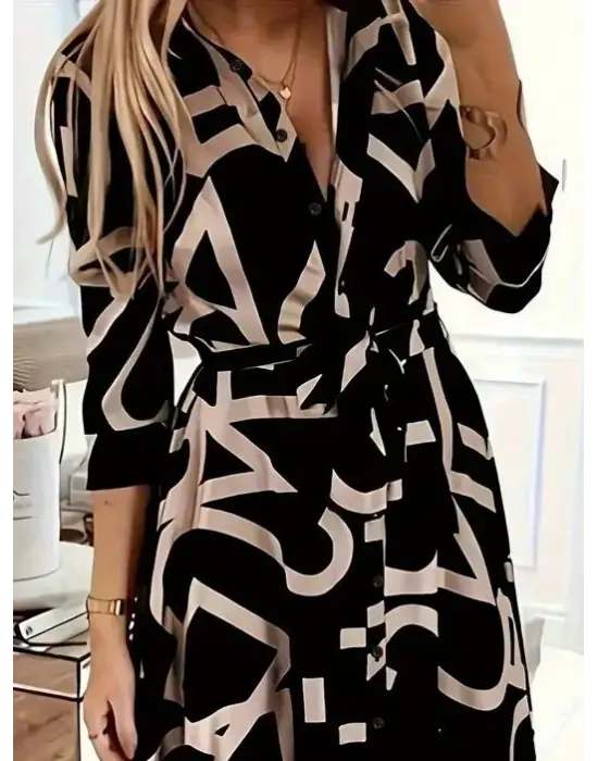 Kadın Uzun Kollu Yakalı önden Düğmeli Uzun Süprem Elbise