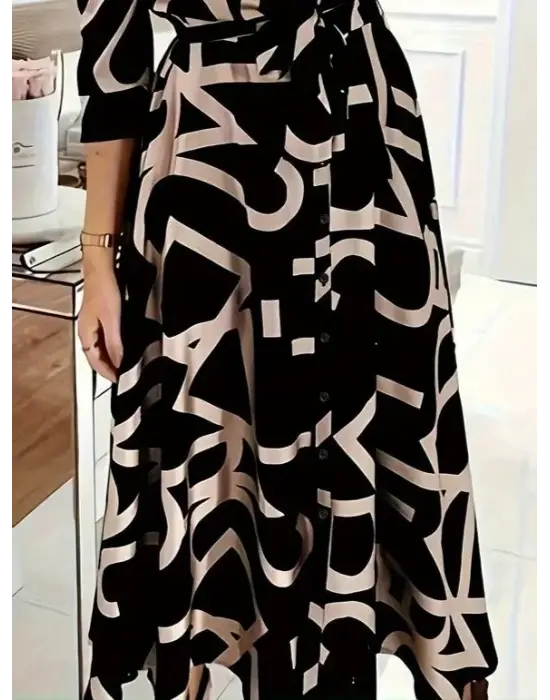 Kadın Uzun Kollu Yakalı önden Düğmeli Uzun Süprem Elbise