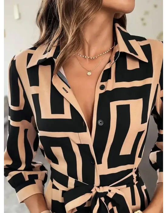 Kadın Uzun Kollu Yakalı önden Düğmeli Uzun Süprem Elbise