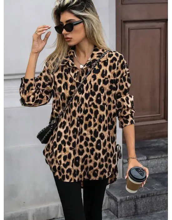 Kadın Uzun Kollu Yakalı önden Düğmeli Yandan Bağcıklı Leopar Desenli Modal Bluz