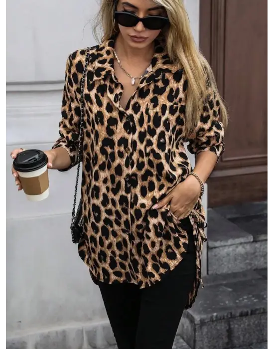 Kadın Uzun Kollu Yakalı önden Düğmeli Yandan Bağcıklı Leopar Desenli Modal Bluz