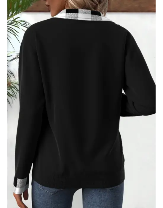 Kadın Uzun Kollu Yakalı önden Fermuarlı Ekose Detaylı Viskon Iki Iplik Bluz