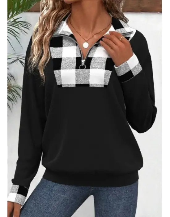 Kadın Uzun Kollu Yakalı önden Fermuarlı Ekose Detaylı Viskon Iki Iplik Bluz