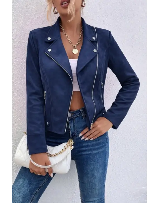 Kadın Uzun Kollu Yakalı önden Fermuarlı Kısa Süet Ceket