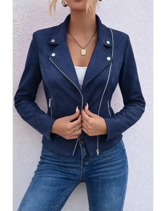 Kadın Uzun Kollu Yakalı önden Fermuarlı Kısa Süet Ceket