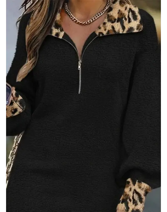 Kadın Uzun Kollu Yakalı önden Fermuarlı Leopar Detaylı Mini Peluş Elbise
