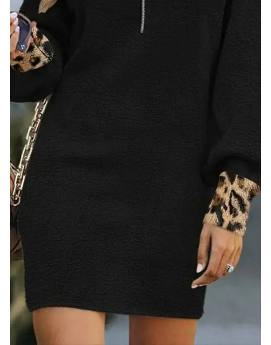 Kadın Uzun Kollu Yakalı önden Fermuarlı Leopar Detaylı Mini Peluş Elbise