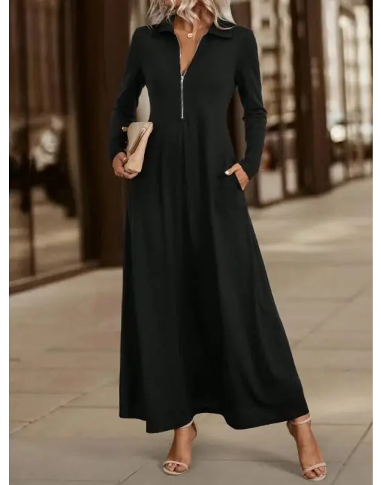 Kadın Uzun Kollu Yakalı önden Fermuarlı Uzun Viskon Iki Iplik Elbise