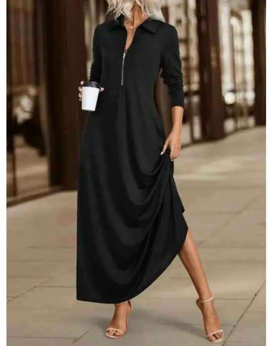 Kadın Uzun Kollu Yakalı önden Fermuarlı Uzun Viskon Iki Iplik Elbise