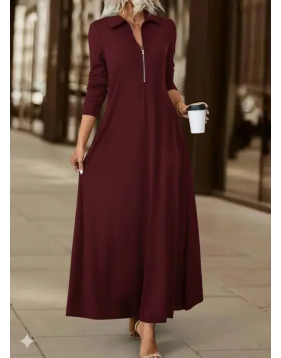 Kadın Uzun Kollu Yakalı önden Fermuarlı Uzun Viskon Iki Iplik Elbise