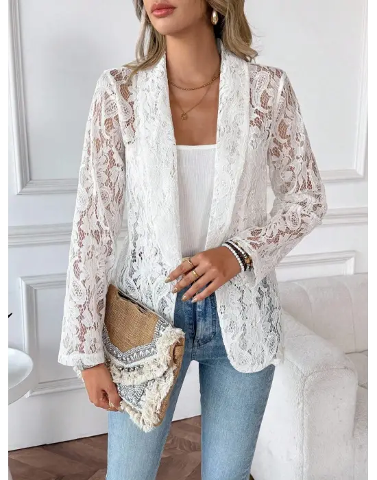 Kadın Uzun Kollu Yakalı önü Açık Dantelli Ceket