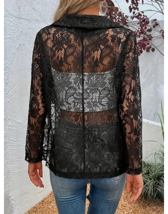 Kadın Uzun Kollu Yakalı önü Açık Dantelli Ceket