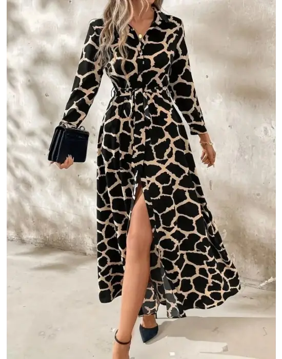 Kadın Uzun Kollu Yakalı önü Düğmeli Desenli Belden Kuşaklı Uzun Süprem Elbise