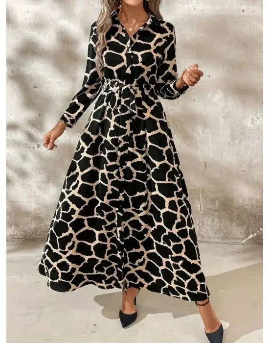 Kadın Uzun Kollu Yakalı önü Düğmeli Desenli Belden Kuşaklı Uzun Süprem Elbise