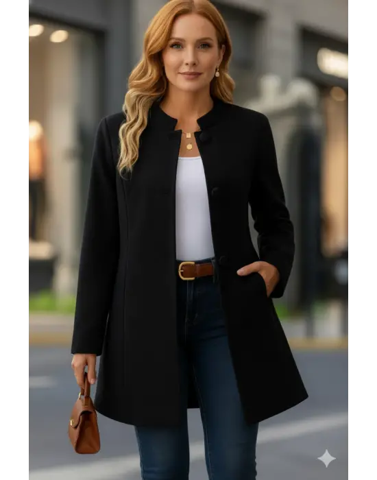 Kadın Uzun Kollu Yakalı önü Düğmeli Ithal Kaşe Astarlı Kaban