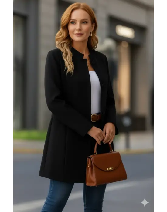 Kadın Uzun Kollu Yakalı önü Düğmeli Ithal Kaşe Astarlı Kaban