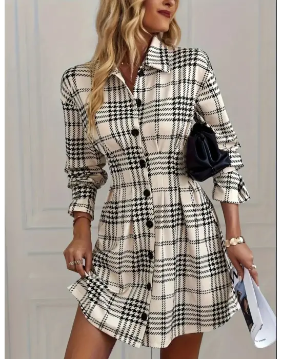 Kadın Uzun Kollu Yakalı önü Düğmeli Mini Modal Elbise