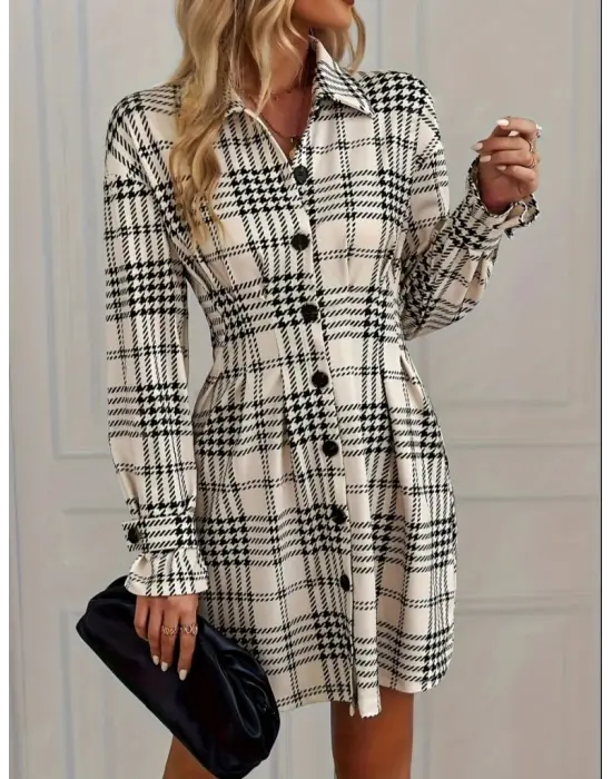 Kadın Uzun Kollu Yakalı önü Düğmeli Mini Modal Elbise