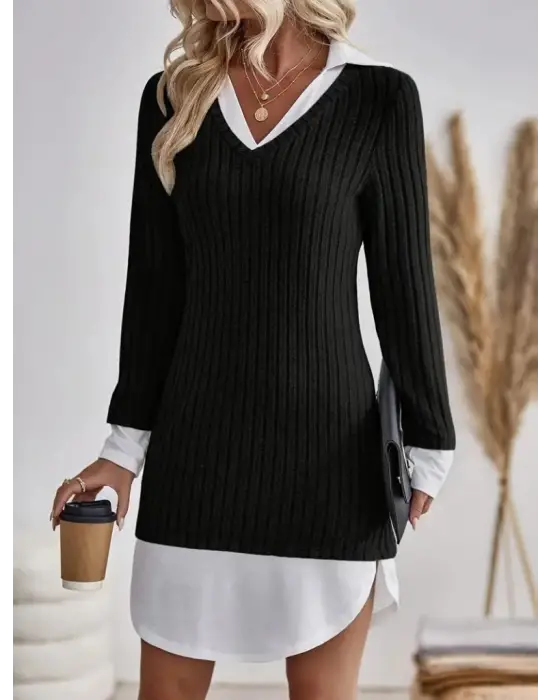 Kadın Uzun Kollu Yakalı şardonlu Kaşkorse Dokuma Detaylı Elbise