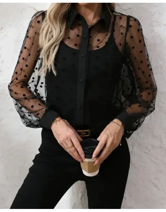 Kadın Uzun Kollu Yakalı şeffaf Tül Detaylı Ve Viskon Atlet Ikili Takım