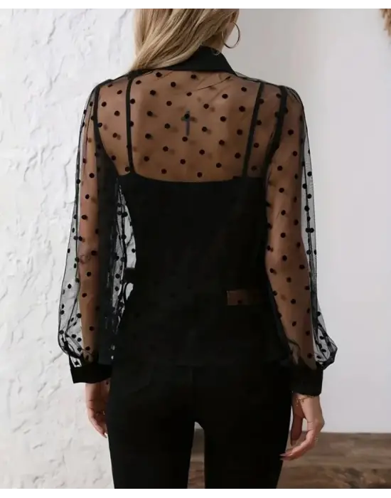 Kadın Uzun Kollu Yakalı şeffaf Tül Detaylı Ve Viskon Atlet Ikili Takım