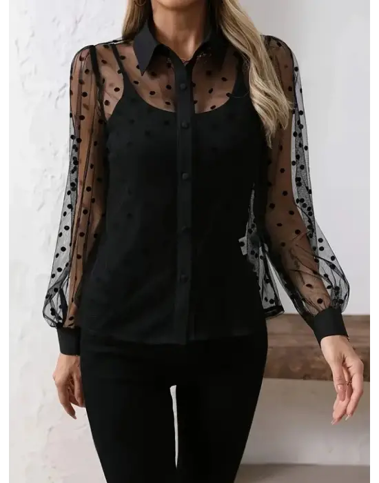 Kadın Uzun Kollu Yakalı şeffaf Tül Detaylı Ve Viskon Atlet Ikili Takım