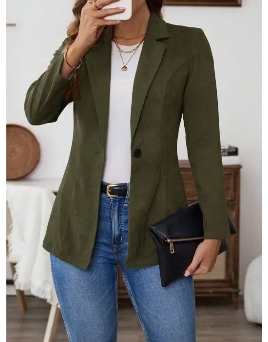 Kadın Uzun Kollu Yakalı Tek Düğmeli Süet Ceket