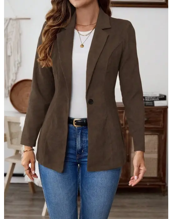 Kadın Uzun Kollu Yakalı Tek Düğmeli Süet Ceket