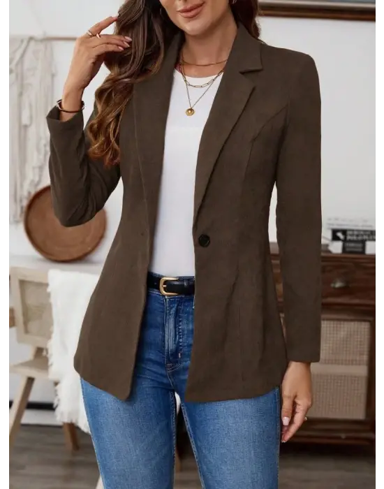 Kadın Uzun Kollu Yakalı Tek Düğmeli Süet Ceket