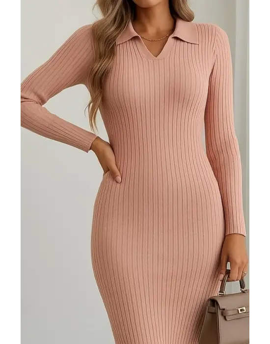 Kadın Uzun Kollu Yakalı Triko Elbise