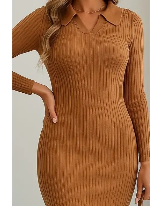 Kadın Uzun Kollu Yakalı Triko Elbise