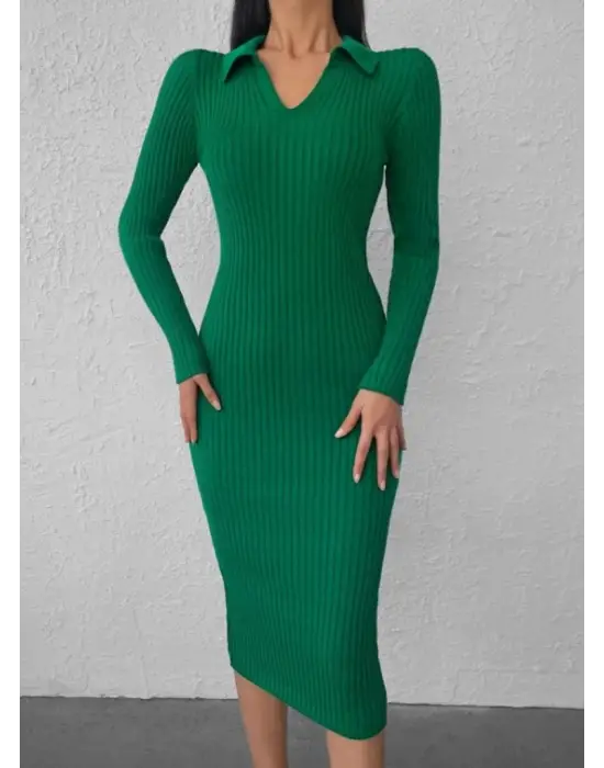 Kadın Uzun Kollu Yakalı Triko Elbise