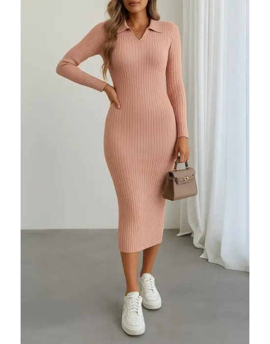 Kadın Uzun Kollu Yakalı Triko Elbise
