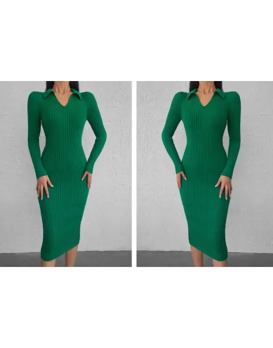 Kadın Uzun Kollu Yakalı Triko Elbise